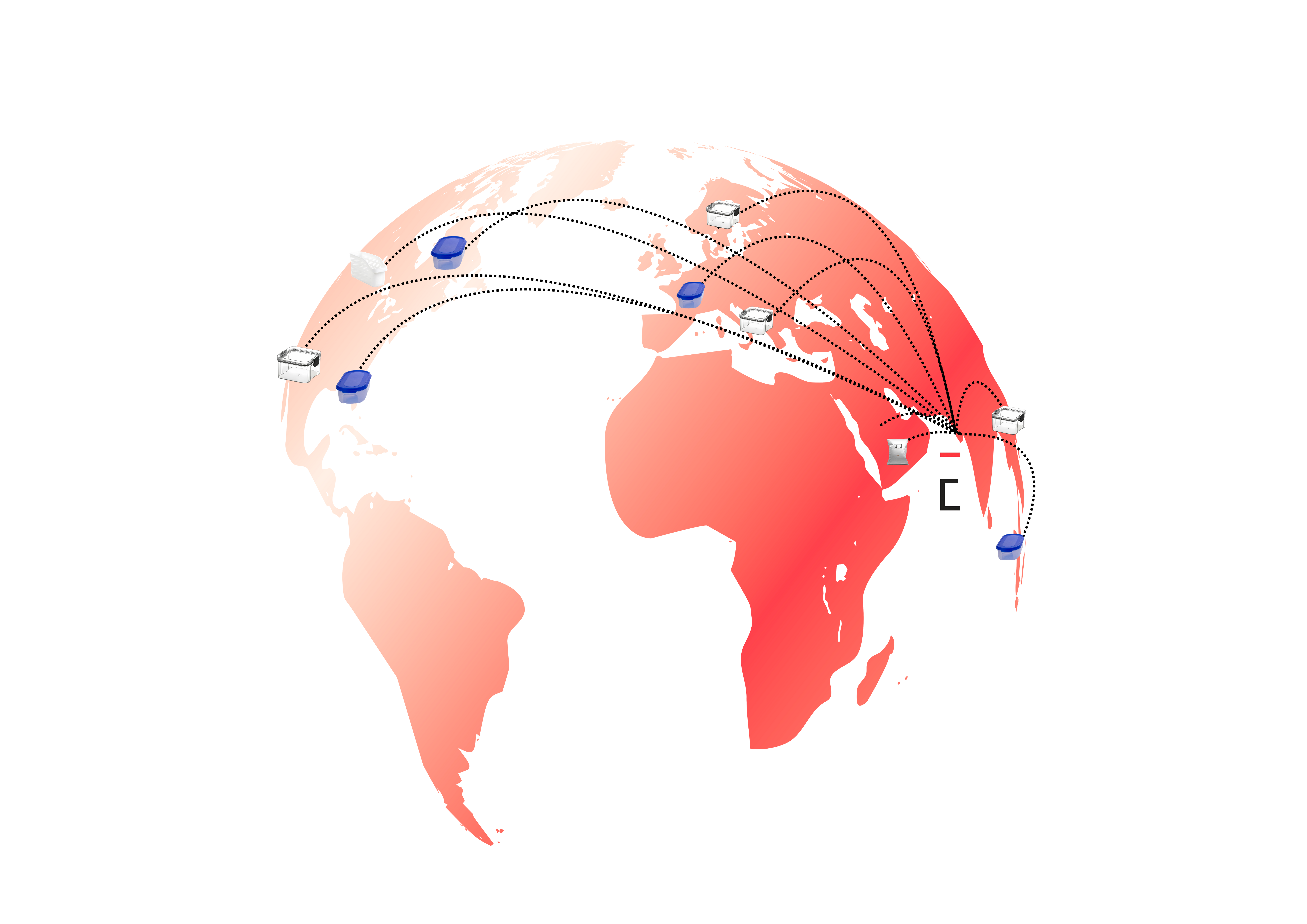 A stylized world map with blue polygons and connecting lines representing global export routes