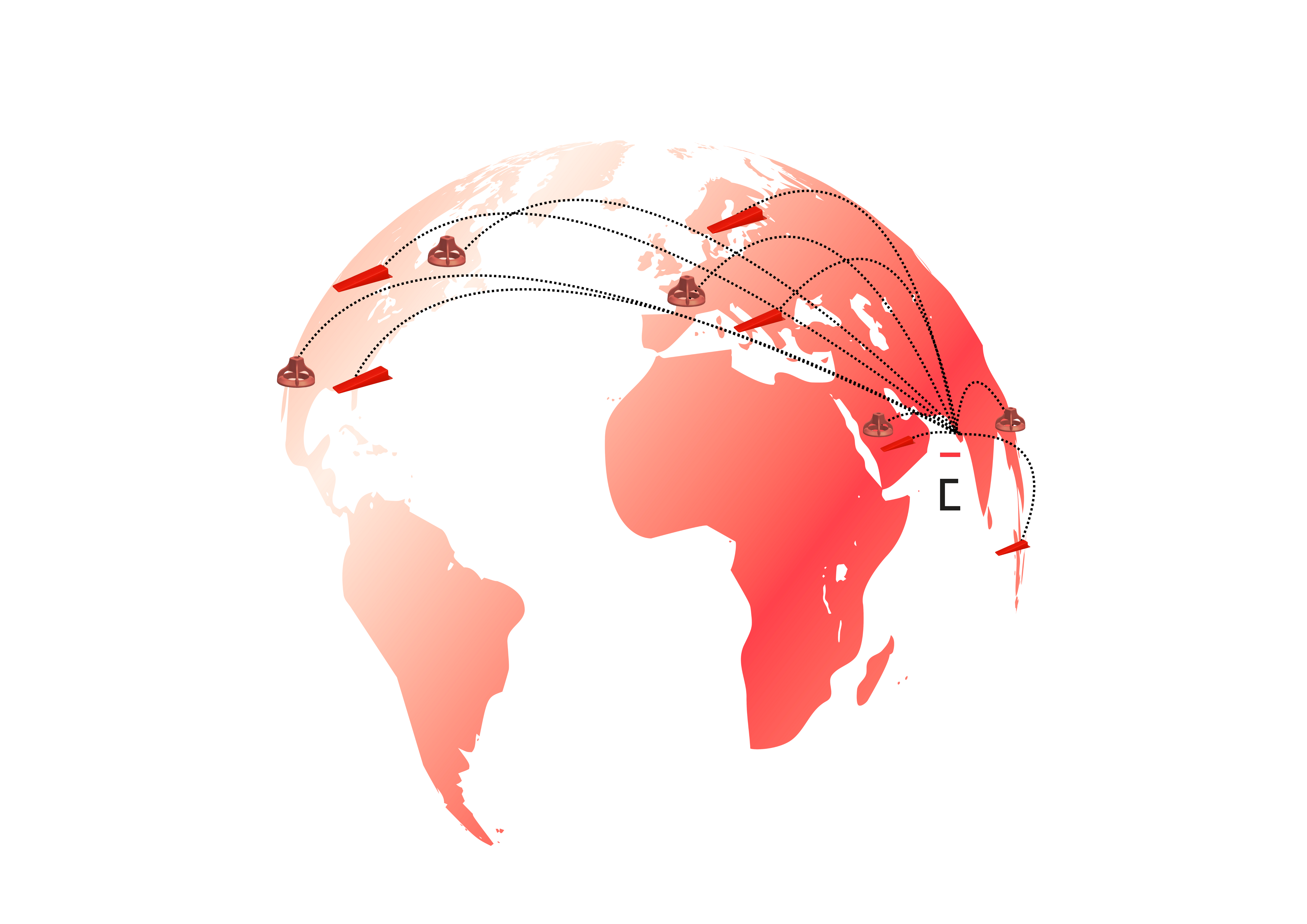 A stylized world map with blue polygons and connecting lines representing global export routes